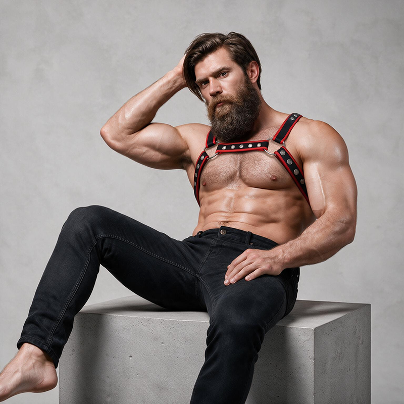 FETISH SUBMISSIVE ATTITUDINE - IMBRACATURA PER BULLDOG IN ECOPELLE DA UOMO NERA/ROSSA – Imbracature da uomo – foto 4