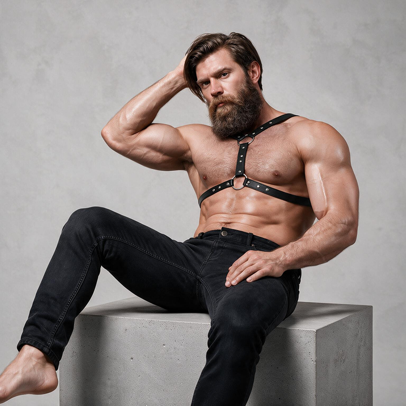 FETISH SUBMISSIVE ATTITUDINE - IMBRACATURA PER IL PETTO IN ECOPELLE CON DOPPIO SUPPORTO E BORCHIE PER UOMO – Imbracature da uomo – foto 4