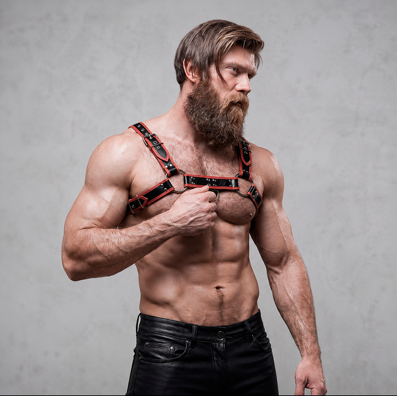 FETISH SUBMISSIVE ATTITUDINE - IMBRACATURA PER IL PETTO IN ECOPELLE DA UOMO NERA/ROSSA – Imbracature da uomo – foto 3