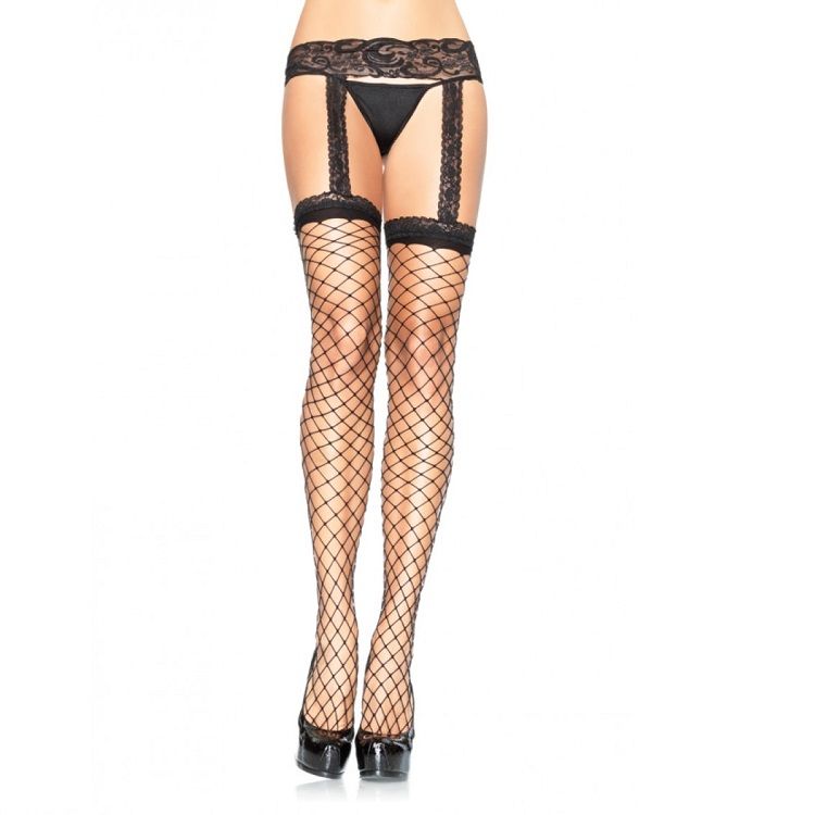 LEG AVENUE - CALZE A RETE CON REGGISERA IN PIZZO NERO – Calze giarrettiera