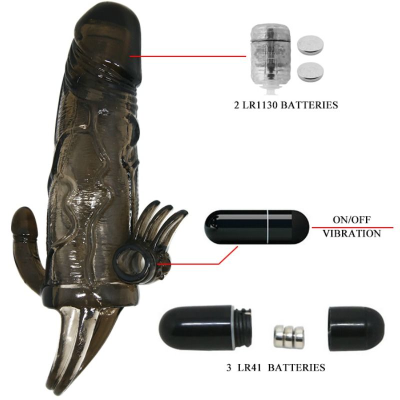 BAILE - COPRI PENE BRAVE MAN CON CLIT E STIMOLAZIONE ANALE DOPPIO BULLET NERO 16.5 CM – Copri pene con estensione – foto 8