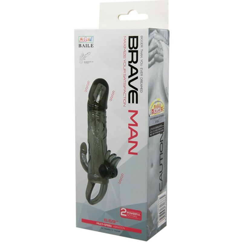 BAILE - COPRI PENE BRAVE MAN CON CLIT E STIMOLAZIONE ANALE DOPPIO BULLET NERO 16.5 CM – Copri pene con estensione – foto 10