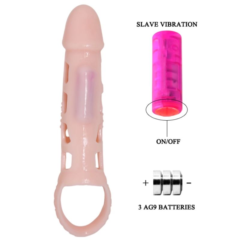 BAILE - COPERTURA ESTENSORE PENE CON VIBRAZIONE E CINTURINO NATURALE 13.5 CM – Copri pene con estensione – foto 3