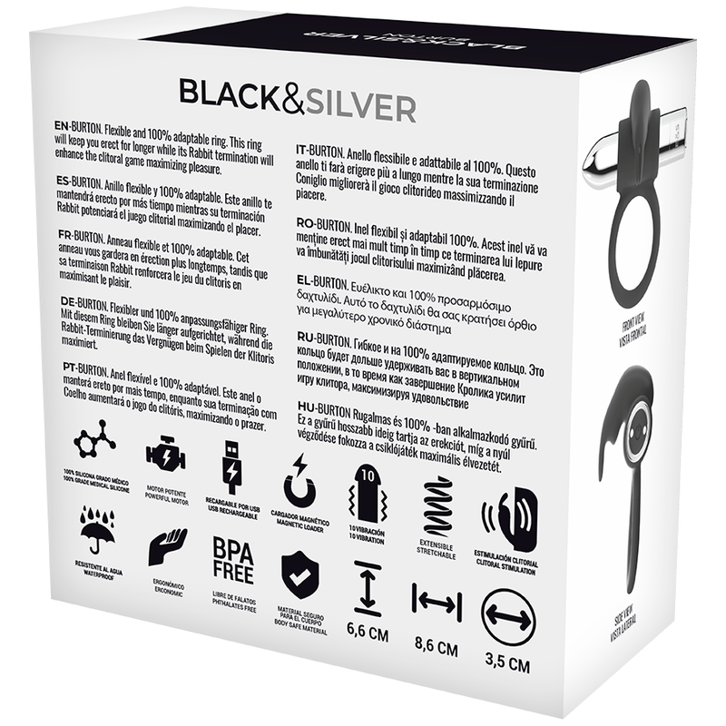 BLACK&SILVER - ANELLO RICARICABILE BURTON 10 MODALITÀ DI VIBRAZIONE – Cockring con vibrazione – foto 5